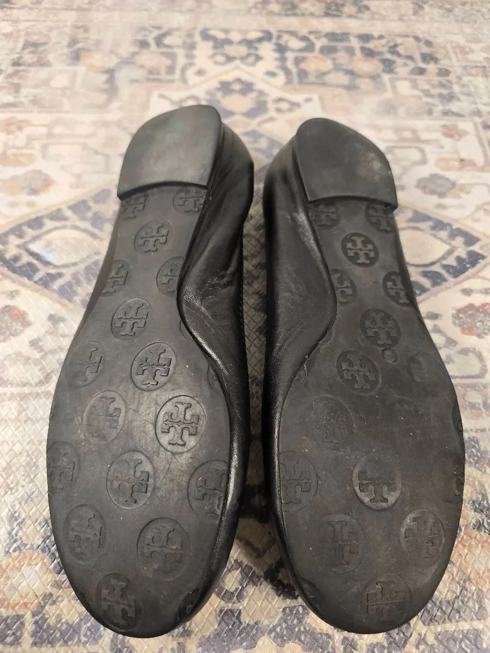 Tory Burch Reva Black Genuine Leather Gold Logo Emblem Ballet Flats Shoes 6 M